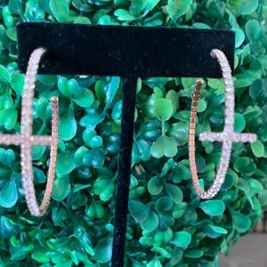 Gold earring with  a crystal cross 2 “ drop